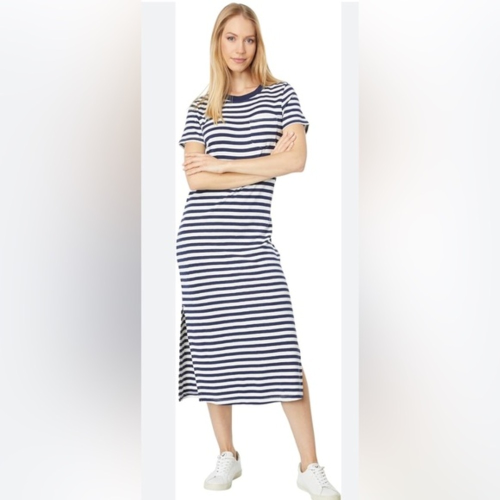 Outerknown Neptune Tee shirt hemp Dress in dark navy salt Stripe, Size XS new